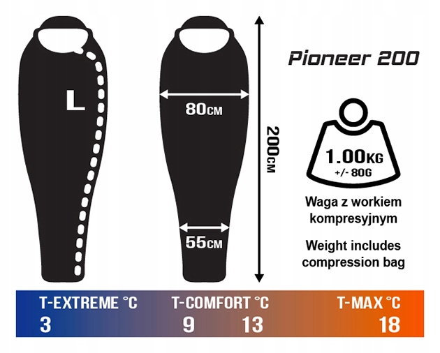 CAMPUS Pioneer 200 - śpiwór turystyczny typu mumia - kolor: czarny